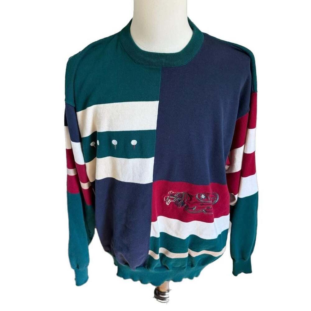 Vintage Par Four Colorblock Golf Themed Crewneck Cotton Sweater